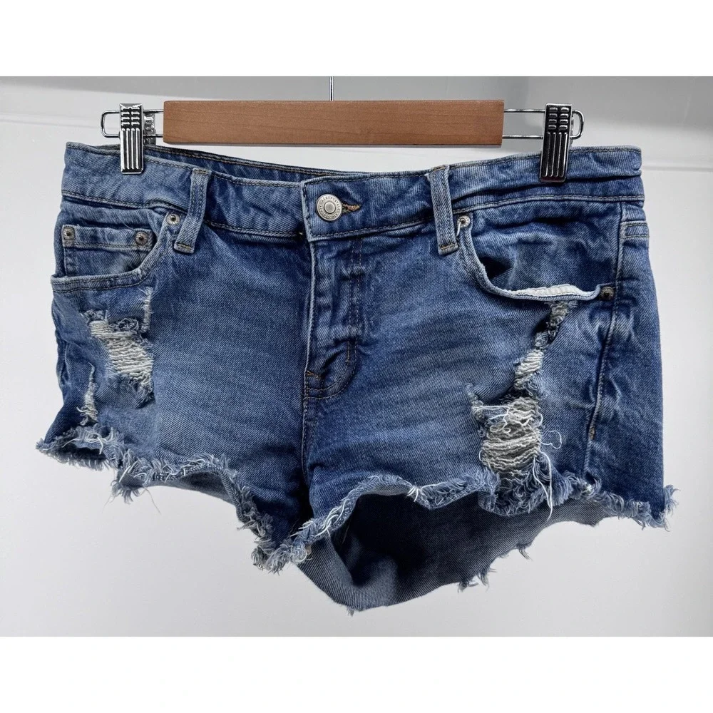 Aeropostale Vintage Low Rise Shorty Shorts Womens Size 8 Distressed Denim Blue